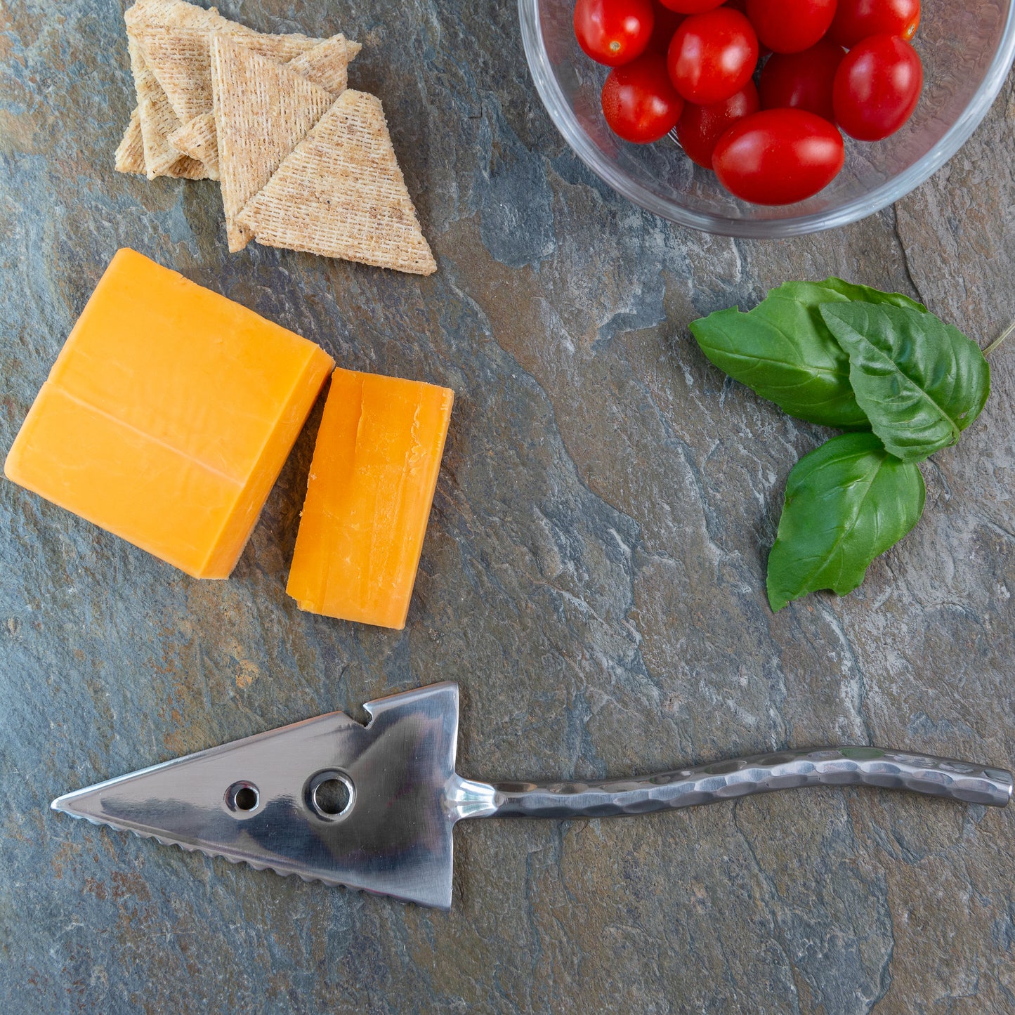 Triangle Cheese Knife with Curved Hammered Handle